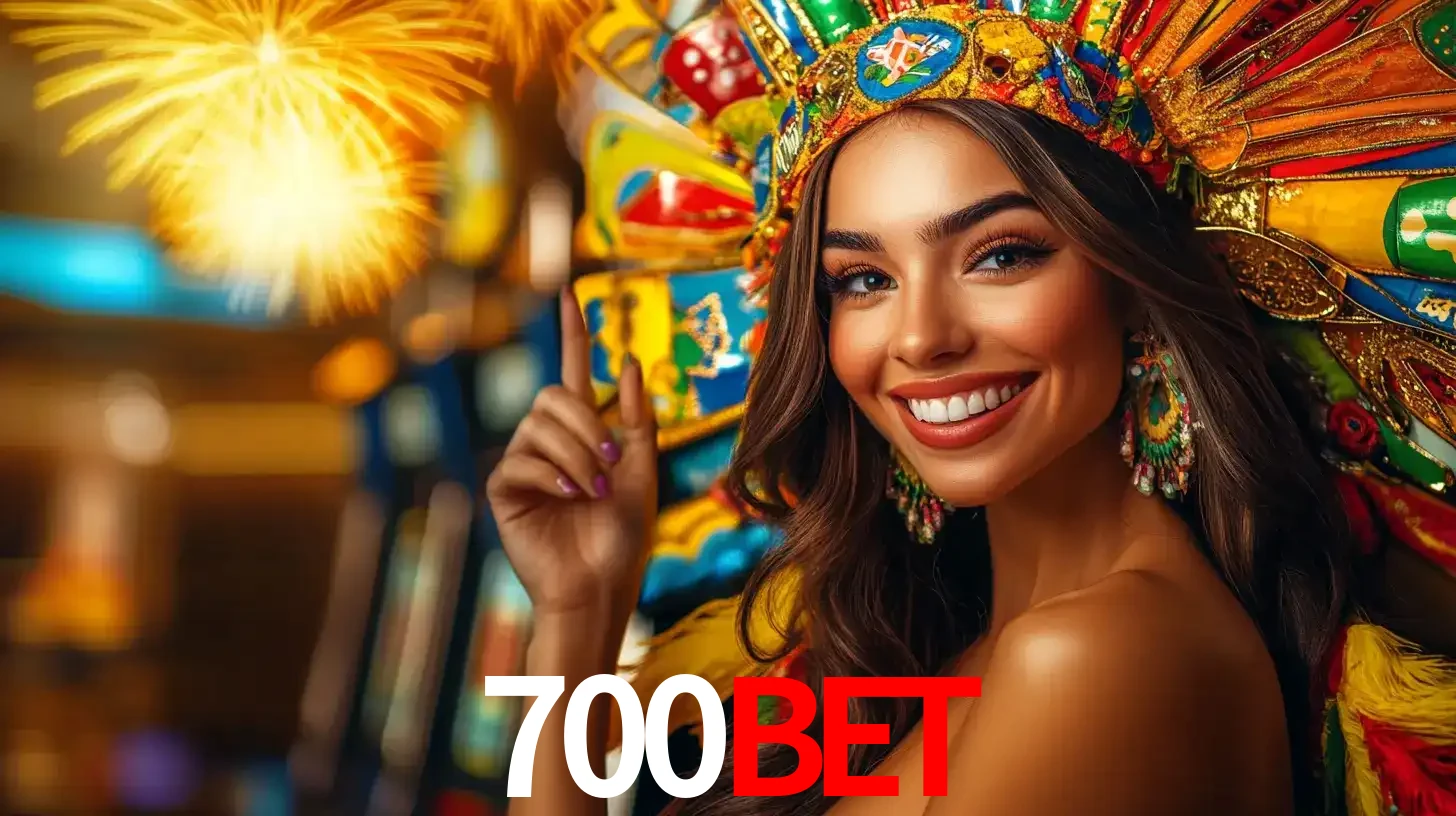 Mulher sorridente com um cocar de carnaval vibrante e colorido, celebrando uma grande vitória nos jogos do cassino 700BET com fogos de artifício ao fundo.