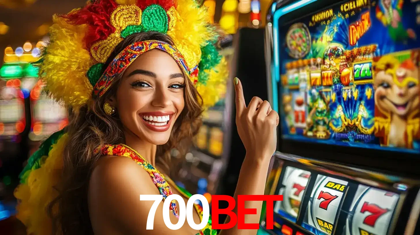 Mulher animada com um cocar de carnaval apontando para uma máquina de caça-níqueis, mostrando a emoção de ganhar um grande prêmio nos jogos do 700BET.