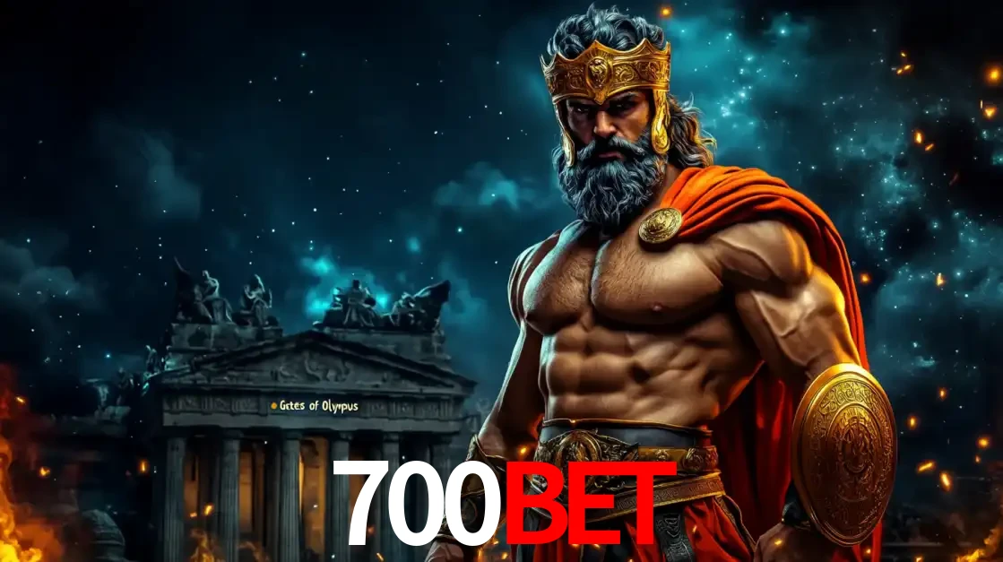 O poderoso Zeus do jogo de slot Gates of Olympus em frente ao seu templo, pronto para lançar multiplicadores divinos e prêmios épicos no cassino online 700BET.