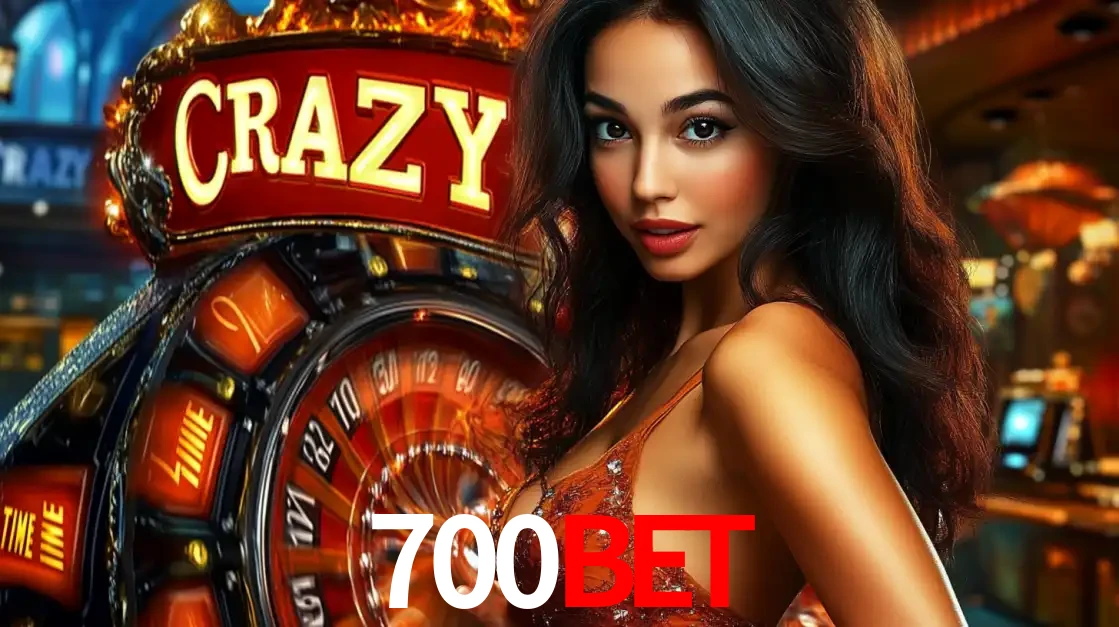 Mulher glamourosa olhando para a câmera com a roda vermelha do Crazy Time ao fundo em um ambiente de cassino, destacando a emoção dos jogos ao vivo no 700BET.