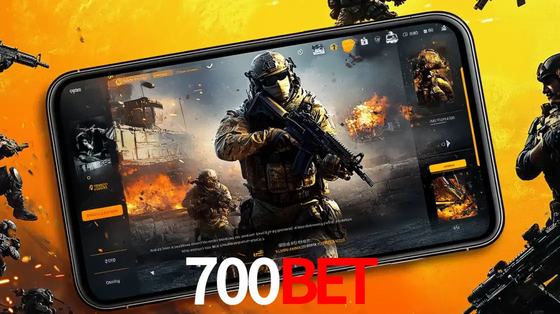 Um smartphone exibindo a interface de um jogo de tiro em primeira pessoa, com um soldado em um cenário de batalha, representando a ação dos e-sports para apostar no 700BET.