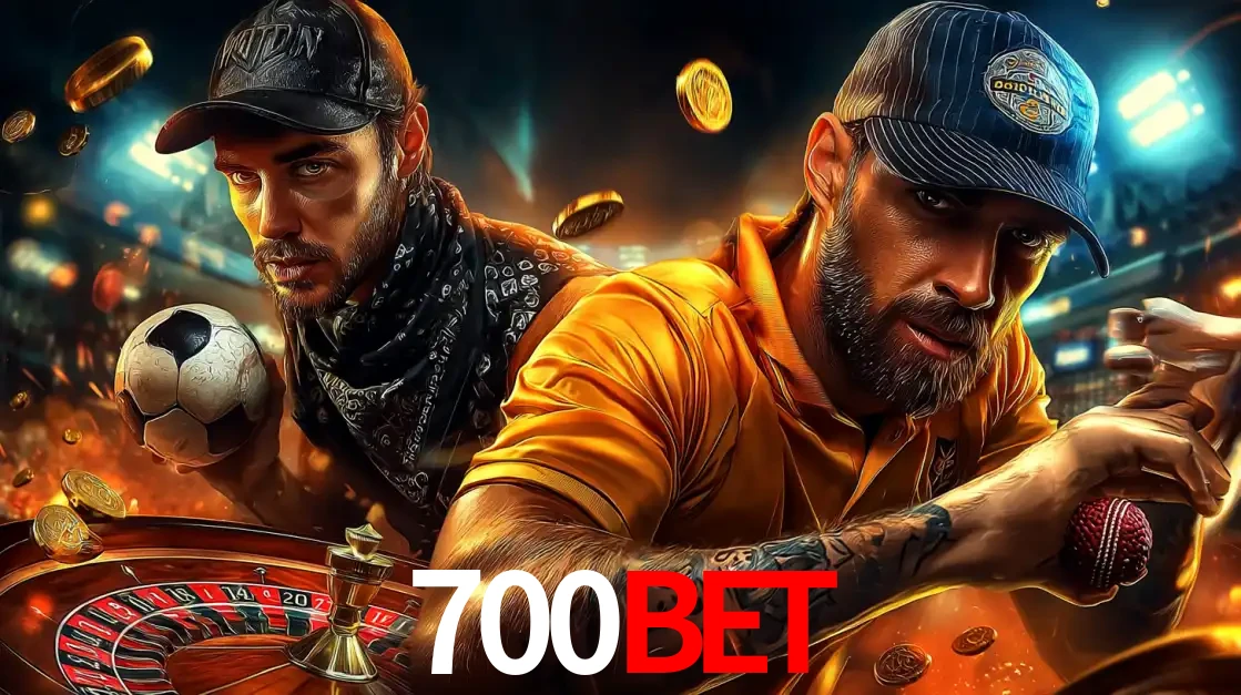 Montagem de apostas esportivas e cassino no 700BET, com um homem segurando uma bola de futebol e outro uma de beisebol sobre uma roleta e moedas voadoras.