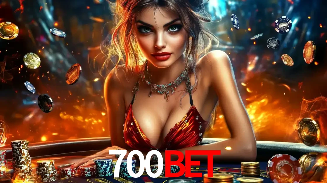 Mulher em uma mesa de cassino com pilhas de fichas e um fundo de fogo, pronta para uma rodada de altas apostas nos jogos de mesa emocionantes do cassino 700BET.