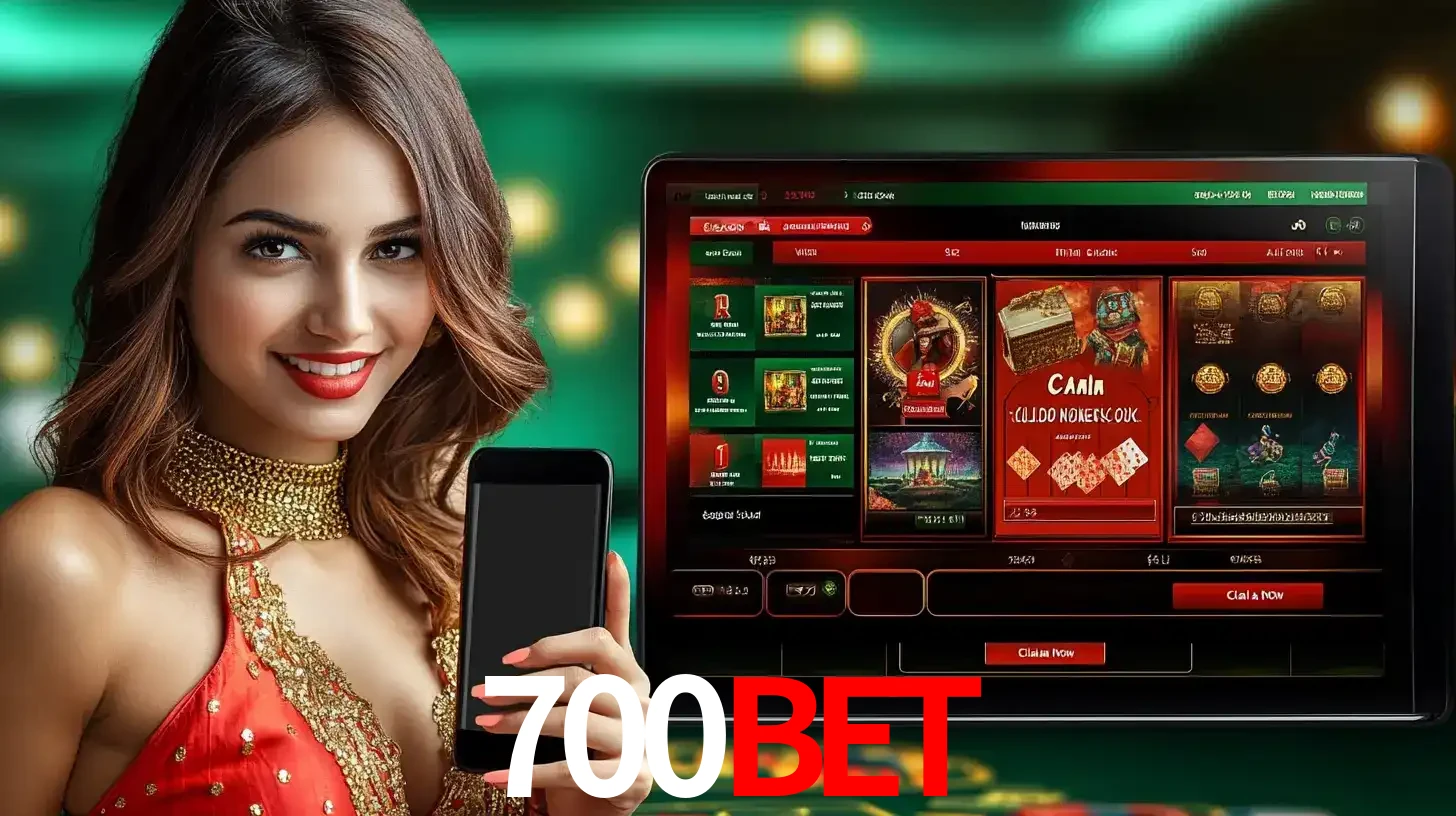 Mulher sorridente segurando um smartphone, ao lado de uma tela exibindo o lobby de jogos do cassino online 700BET, com várias opções de jogos de cartas e slots.