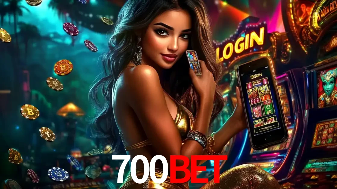 Mulher em um cenário de cassino temático de aventura, mostrando o app de caça-níqueis da 700BET no celular. Fichas de apostas flutuam ao redor.