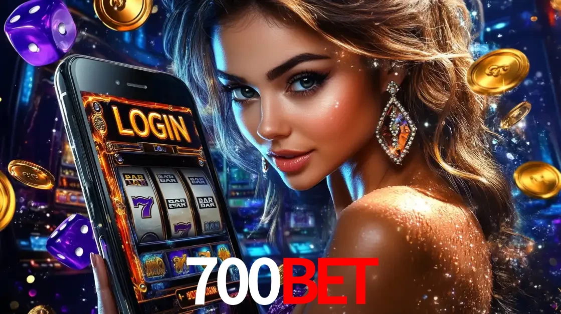 Mulher glamorosa segurando um smartphone com a tela de login para os jogos de caça-níqueis do cassino online 700BET, com moedas de ouro e dados ao redor.
