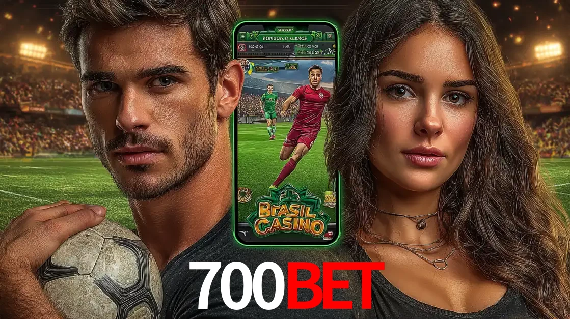 Homem segurando uma bola de futebol e uma mulher ao lado de um smartphone exibindo o jogo de apostas esportivas da 700BET. Faça seu palpite no cassino online.